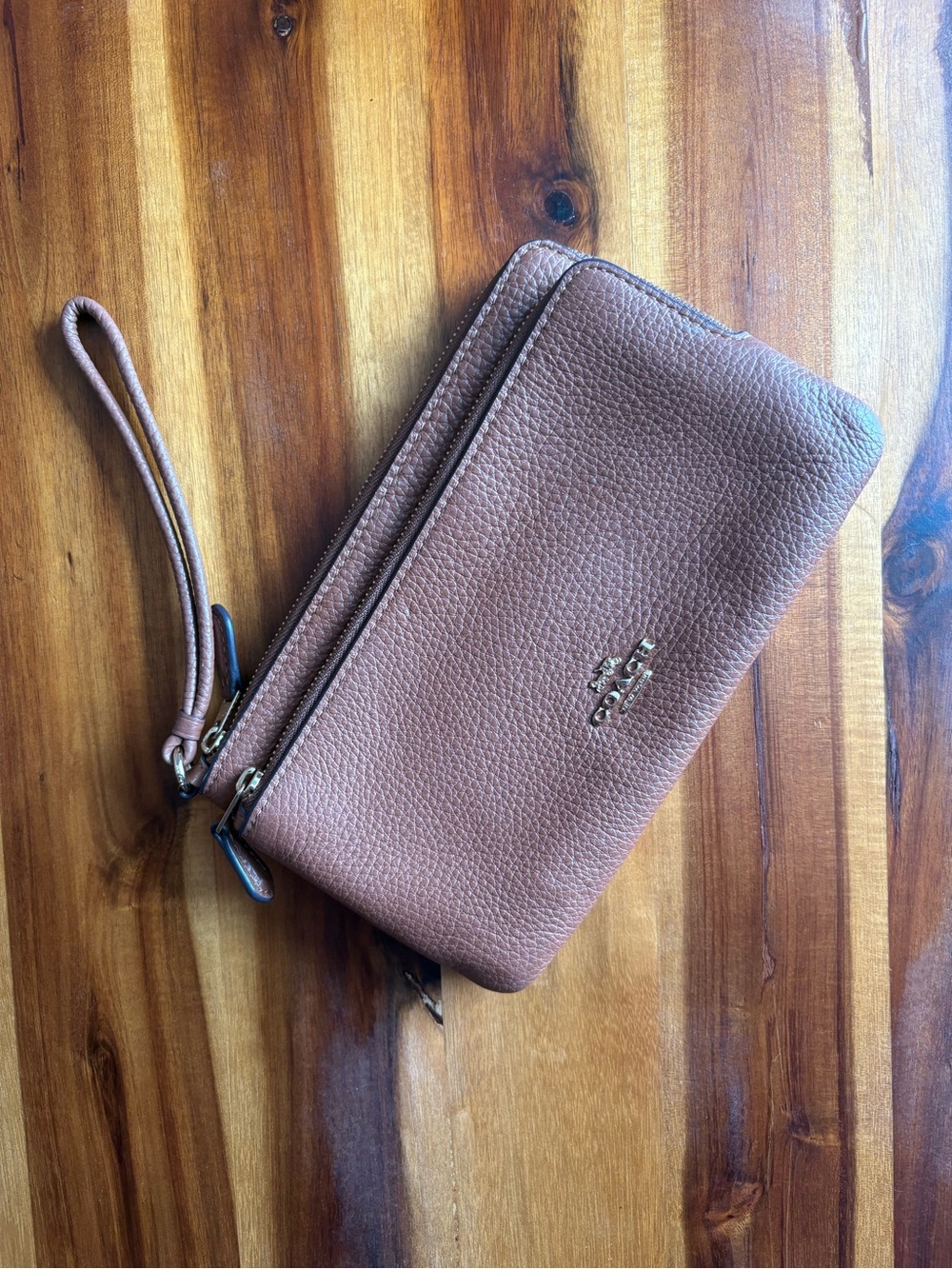 COACH Pebble Leather Wristlet in Cognac Brown with Hold Hardware - Picture 2 of 6